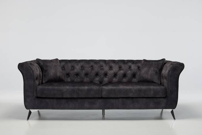 Lauren - 3 Seater Chesterfield Sofa, Mocha Grey Mottled Velvet with Silver Legs