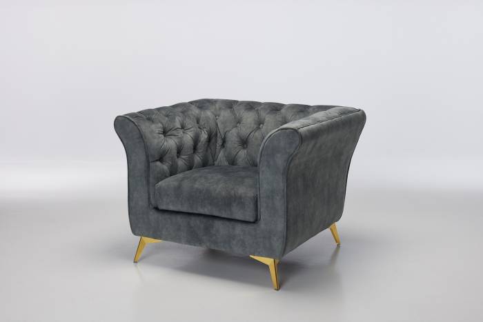 Lauren - Modern Chesterfield Armchair, Grey Mottled Velvet with Gold Legs
