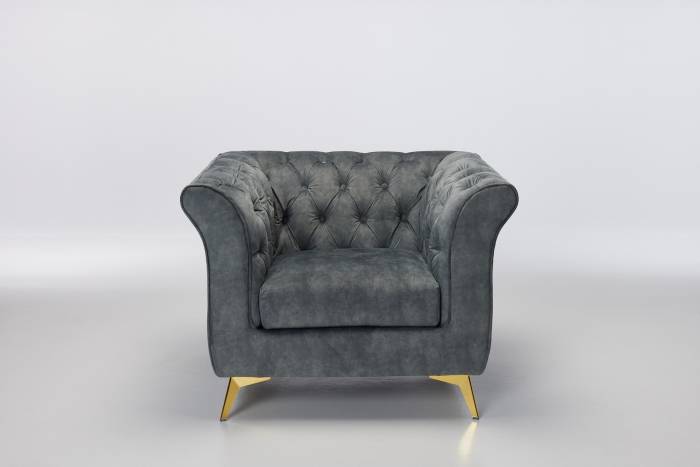 Lauren - Modern Chesterfield Armchair, Grey Mottled Velvet with Gold Legs