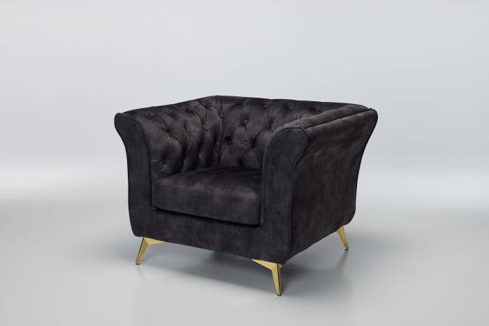Lauren - Modern Chesterfield Armchair, Mocha Grey Mottled Velvet with Gold Legs