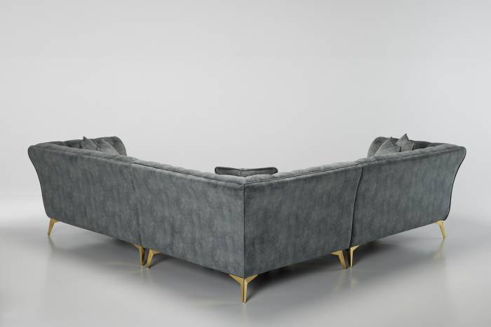 Lauren - Modern Chesterfield Corner Sofa, Grey Mottled Velvet with Gold Legs