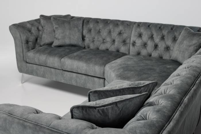 Lauren - Modern Chesterfield Corner Sofa, Grey Mottled Velvet with Silver Legs