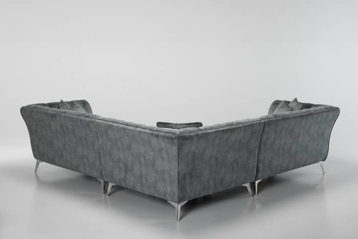 Lauren - Modern Chesterfield Corner Sofa, Grey Mottled Velvet with Silver Legs