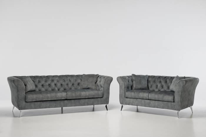 Lauren - Modern Chesterfield Sofa Set, Grey Mottled Velvet with Silver Legs