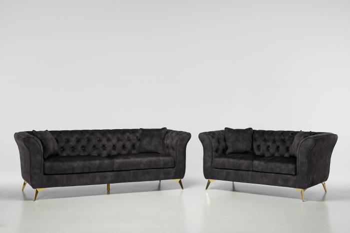 Lauren - Modern Chesterfield Sofa Set, Mocha Grey Mottled Velvet with Gold Legs
