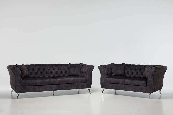 Lauren - Modern Chesterfield Sofa Set, Mocha Grey Mottled Velvet with Silver Legs