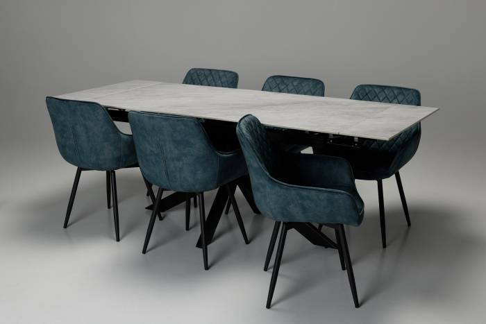 Siena & Venice Dining Set - 1.7m/2.2m Pacific Grey Stone Extendable Dining Table with 6 Dusk Teal Velvet 360° Swivel Dining Chairs