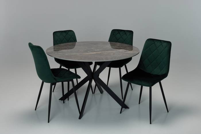 Tino & Bari Dining Set - 1.2m Evora Grey Stone Round Dining Table with 4 Forest Green Velvet Dining Chairs