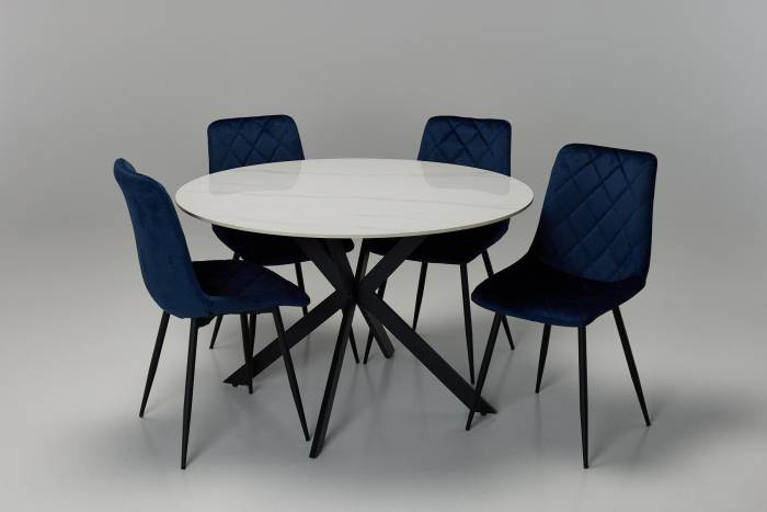 Tino & Bari Dining Set - 1.2m Lincoln White Stone Round Dining Table with 4 Blue Mottled Velvet Dining Chairs