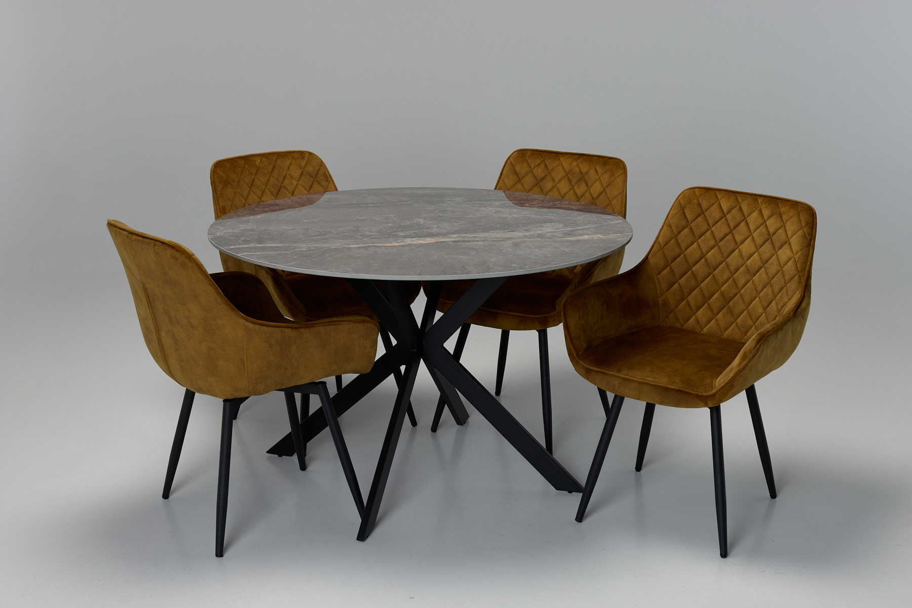Tino & Venice Dining Set - 1.2m Evora Grey Stone Round Dining Table with 4 Burnt Orange Velvet 360° Swivel Dining Chairs