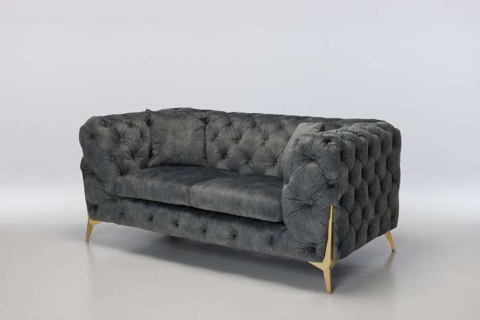 Annabelle - 2.5 Seater Luxury Chesterfield Sofa, Grey Mottled Velvet with Gold Legs