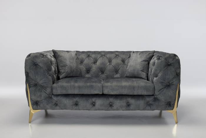Annabelle - 2.5 Seater Luxury Chesterfield Sofa, Grey Mottled Velvet with Gold Legs