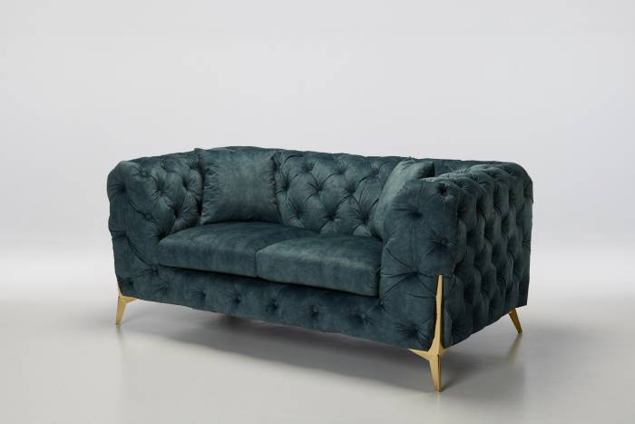 Annabelle - 2.5 Seater Luxury Chesterfield Sofa, Ocean Blue Mottled Velvet with Gold Legs