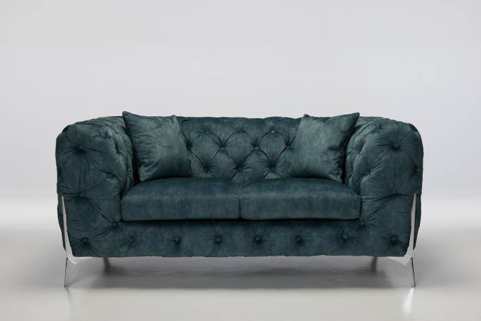 Annabelle - 2.5 Seater Luxury Chesterfield Sofa, Ocean Blue Mottled Velvet with Silver Legs