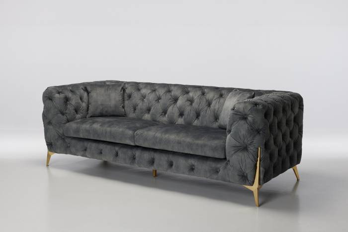 Annabelle - 4 Seater Luxury Chesterfield Sofa, Grey Mottled Velvet with Gold Legs