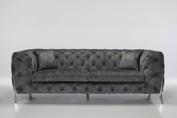 Annabelle - 4 Seater Luxury Chesterfield Sofa, Grey Mottled Velvet with Silver Legs