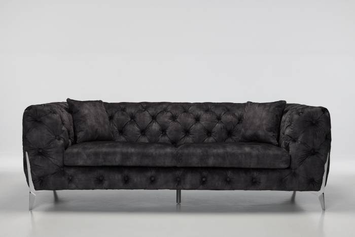 Annabelle - 4 Seater Luxury Chesterfield Sofa, Mocha Grey Mottled Velvet with Silver Legs