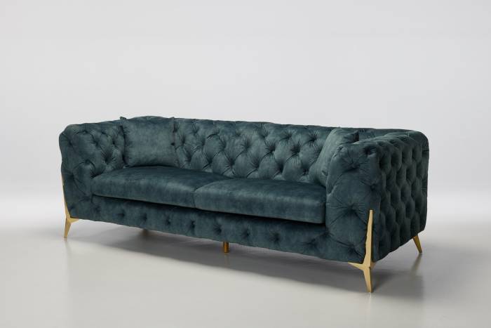 Annabelle - 4 Seater Luxury Chesterfield Sofa, Ocean Blue Mottled Velvet with Gold Legs