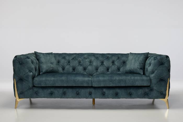 Annabelle - 4 Seater Luxury Chesterfield Sofa, Ocean Blue Mottled Velvet with Gold Legs