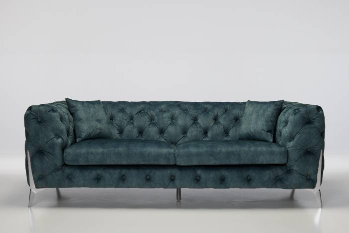 Annabelle - 4 Seater Luxury Chesterfield Sofa, Ocean Blue Mottled Velvet with Silver Legs