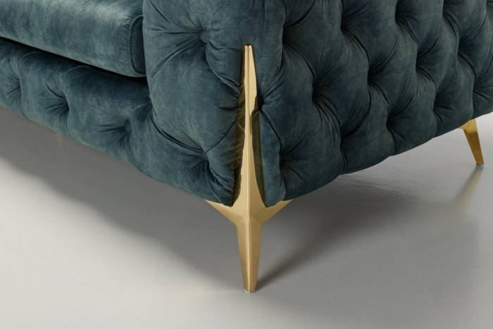 Annabelle Luxury Chesterfield Sofa, Ocean Blue Mottled Velvet with Gold Legs