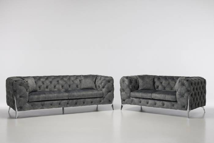 Annabelle Luxury Chesterfield Sofa Set, Grey Mottled Velvet with Silver Legs