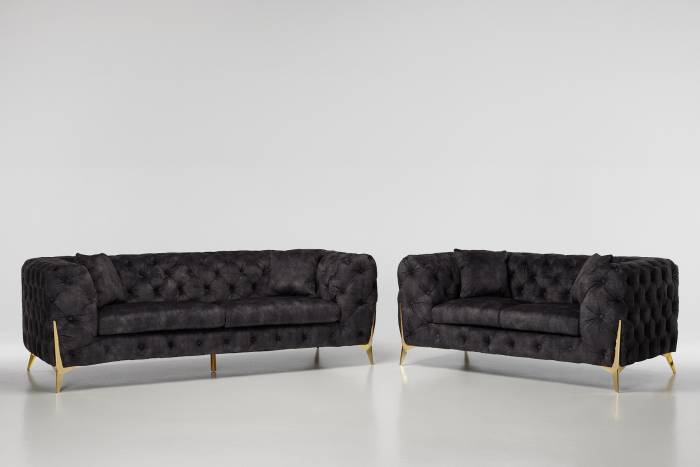 Annabelle Luxury Chesterfield Sofa Set, Mocha Grey Mottled Velvet with Gold Legs
