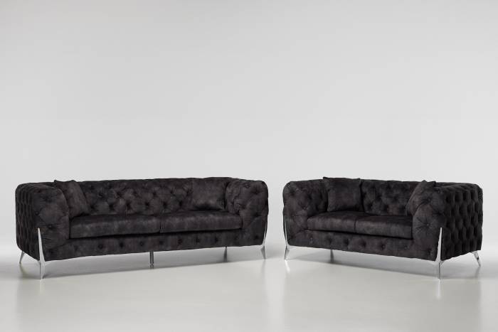 Annabelle Luxury Chesterfield Sofa Set, Mocha Grey Mottled Velvet with Silver Legs