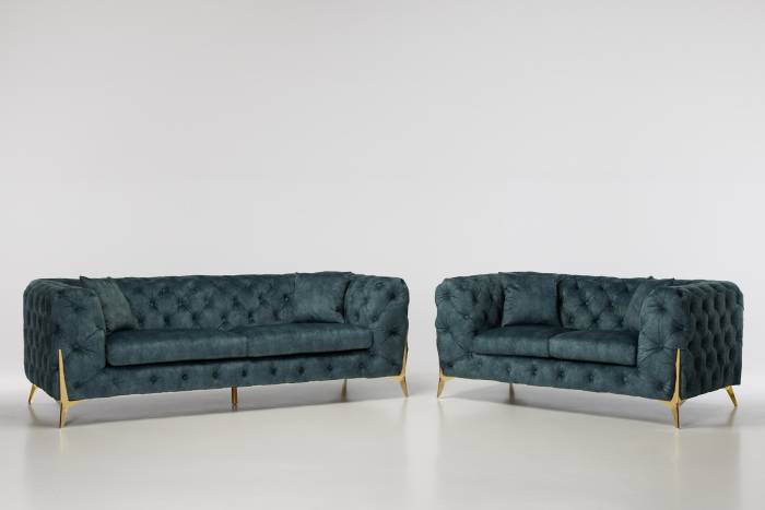 Annabelle Luxury Chesterfield Sofa Set, Ocean Blue Mottled Velvet with Gold Legs