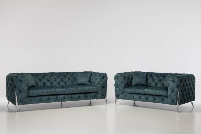 Annabelle Luxury Chesterfield Sofa Set, Ocean Blue Mottled Velvet with Silver Legs