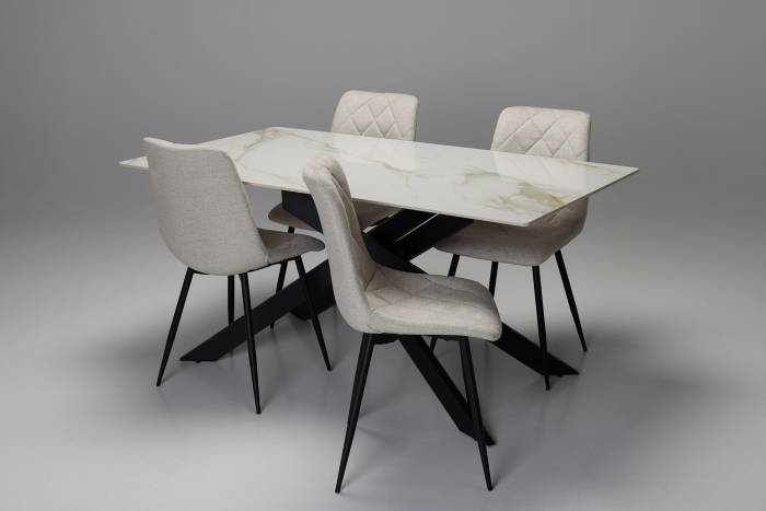 Cassis & Bari Dining Set - 1.6m Calacatta Gold Stone Dining Table with 4 Oatmeal Mottled Velvet Dining Chairs