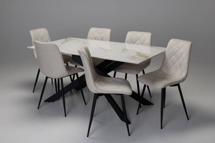 Cassis & Bari Dining Set - 1.6m Calacatta Gold Stone Dining Table with 6 Oatmeal Mottled Velvet Dining Chairs