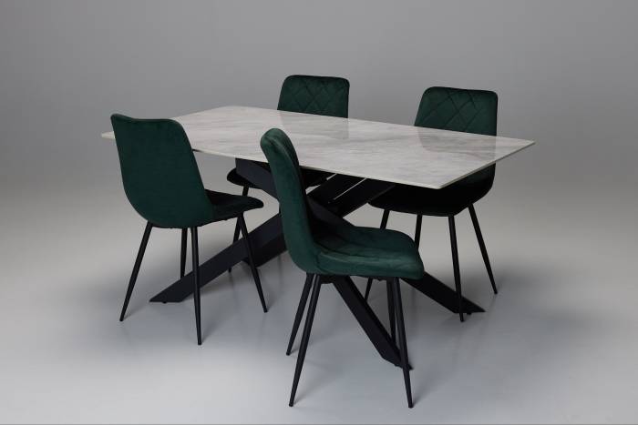 Cassis & Bari Dining Set - 1.6m Pacific Grey Stone Dining Table with 4 Forest Green Velvet Dining Chairs