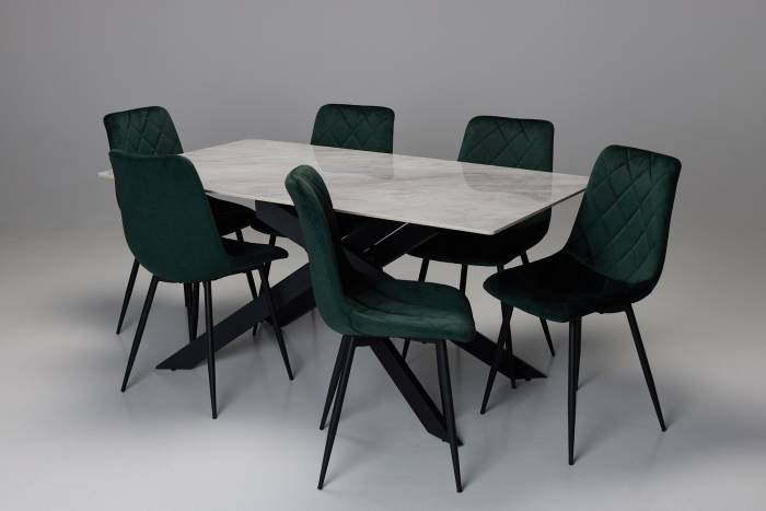 Cassis & Bari Dining Set - 1.6m Pacific Grey Stone Dining Table with 6 Forest Green Velvet Dining Chairs