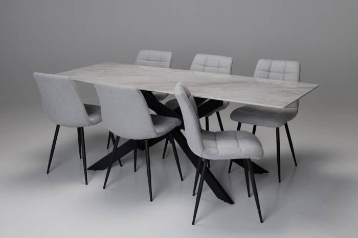 Cassis & Enza 6 Seater Dining Set - 2m Pacific Grey Stone Dining Table with 6 Silver Linen Dining Chairs