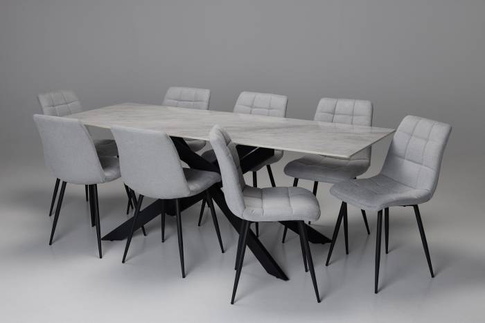 Cassis & Enza 8 Seater Dining Set - 2m Pacific Grey Stone Dining Table with 8 Silver Linen Dining Chairs