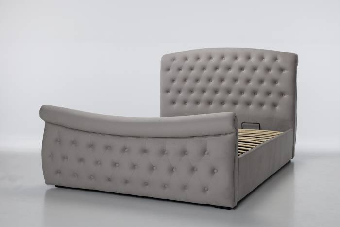 Celine Upholstered Ottoman Sleigh Bed, Plush Silver Velvet