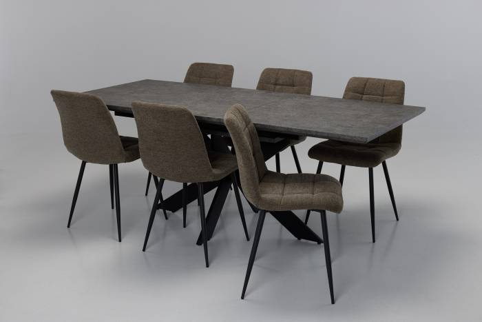 Milan & Enza 6 Seater Dining Set - 1.6m/2m Dark Grey Concrete Effect Extendable Dining Table with 6 Brown Linen Dining Chairs