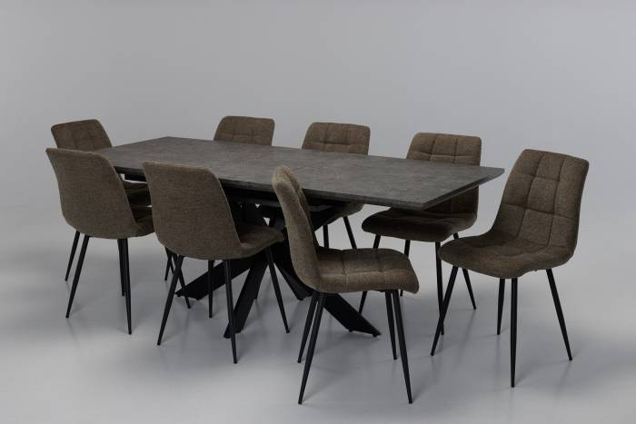 Milan & Enza 8 Seater Dining Set - 1.6m/2m Dark Grey Concrete Effect Extendable Dining Table with 8 Brown Linen Dining Chairs