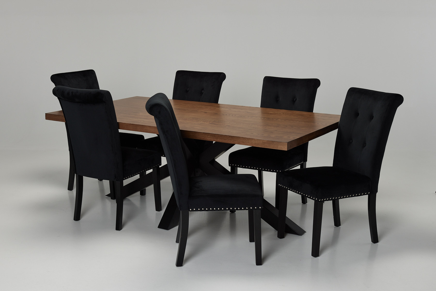 Oakford & Cabrini Dining Set - 2m Solid Oak Dining Table with 6 Black Velvet Dining Chairs