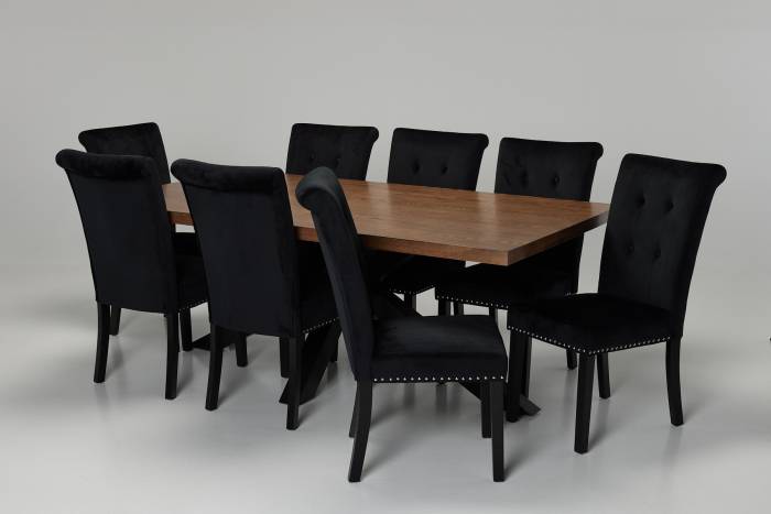 Oakford & Cabrini Dining Set - 2m Solid Oak Dining Table with 8 Black Velvet Dining Chairs