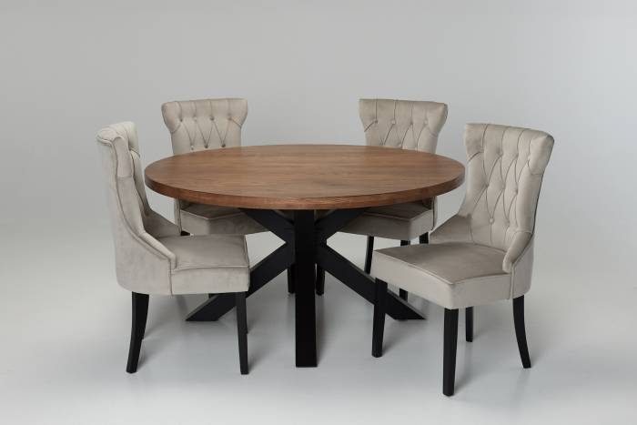 Oakford & Cleo Dining Set - 1.5m Solid Oak Round Dining Table with 4 Mink Velvet Dining Chairs