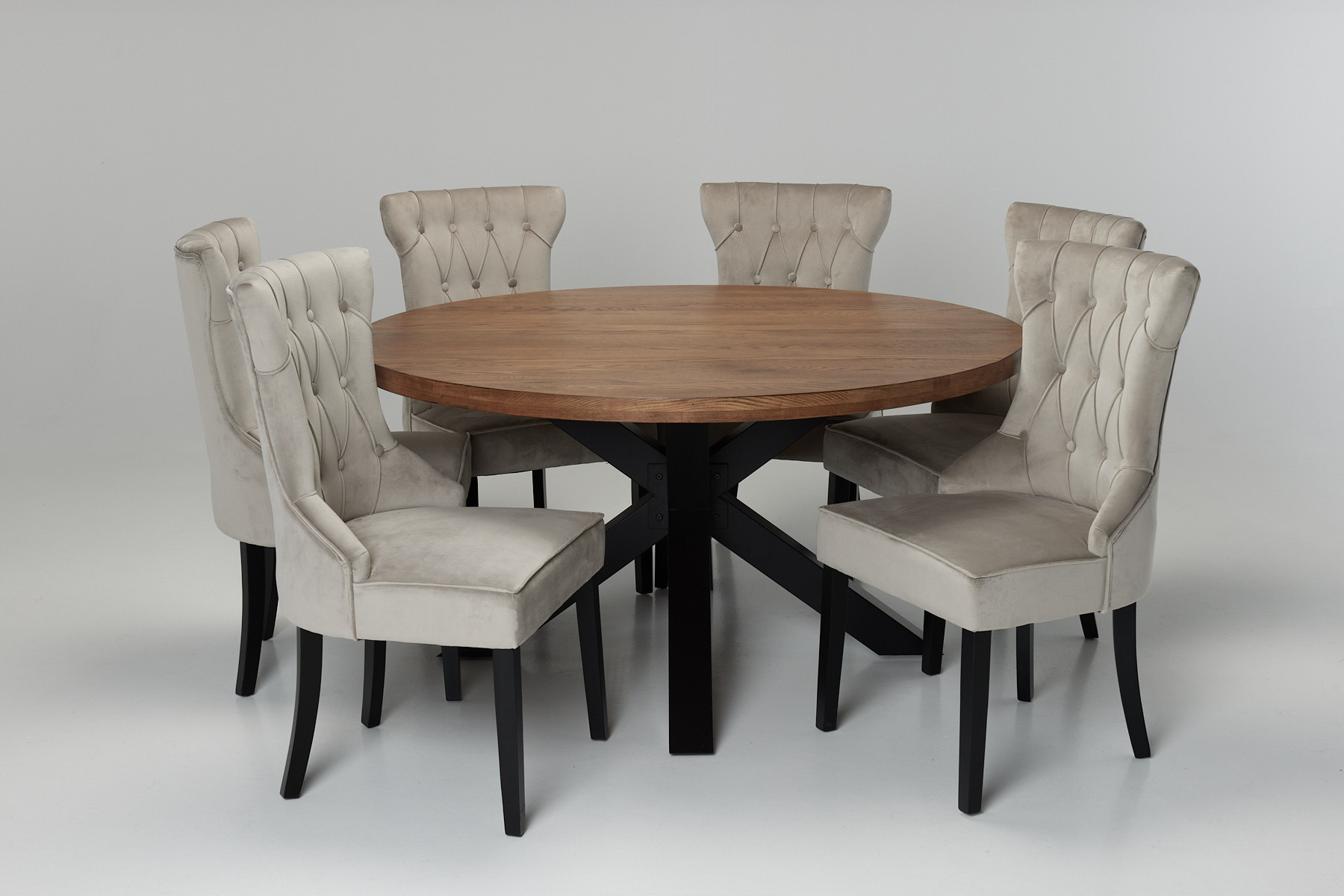 Oakford & Cleo Dining Set - 1.5m Solid Oak Round Dining Table with 6 Mink Velvet Dining Chairs