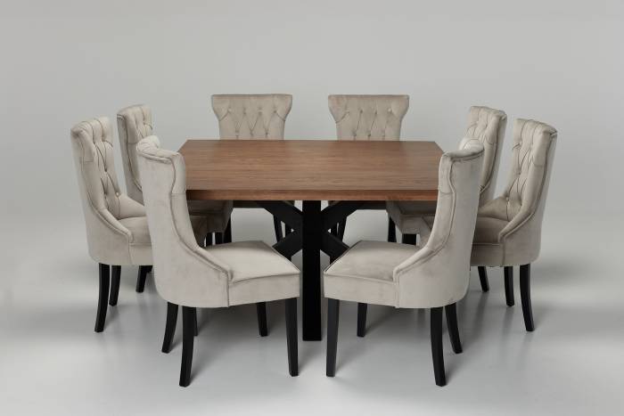 Oakford & Cleo Dining Set - 1.5m Solid Oak Square Dining Table with 8 Mink Velvet Dining Chairs