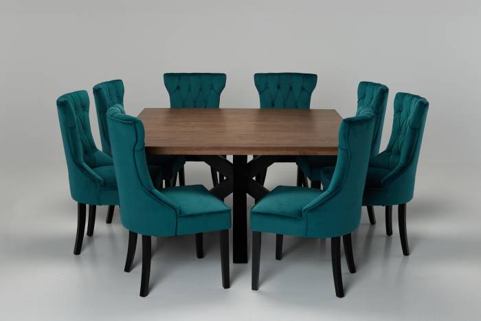 Oakford & Cleo Dining Set - 1.5m Solid Oak Square Dining Table with 8 Teal Velvet Dining Chairs