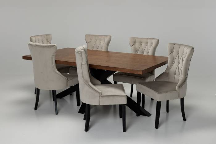 Oakford & Cleo Dining Set - 2m Solid Oak Dining Table with 6 Mink Velvet Dining Chairs