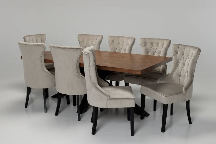 Oakford & Cleo Dining Set - 2m Solid Oak Dining Table with 8 Mink Velvet Dining Chairs