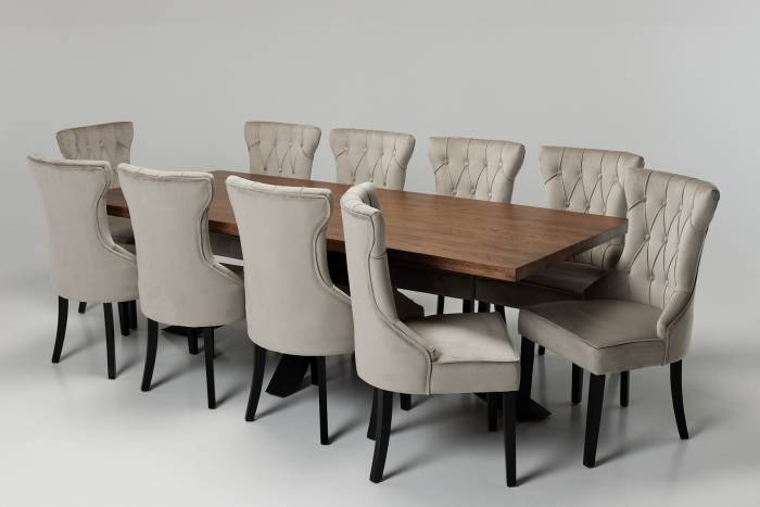 Oakford & Cleo Dining Set - 2.4m Solid Oak Dining Table with 10 Mink Velvet Dining Chairs