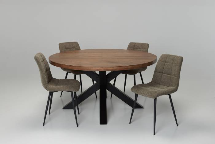 Oakford & Enza Dining Set - 1.5m Solid Oak Round Dining Table with 4 Brown Linen Dining Chairs