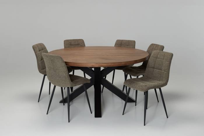 Oakford & Enza Dining Set - 1.5m Solid Oak Round Dining Table with 6 Brown Linen Dining Chairs